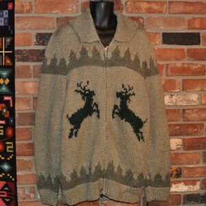 Handmade Grey WOOL Knit Deer (Green) Zip-up Cardigan Sweater Jacket XL